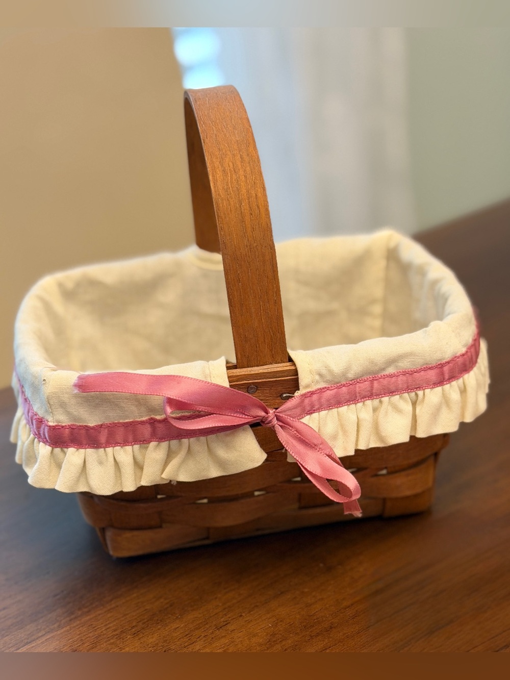 Longaberger Brown Woven Wood Basket with Pink Trim